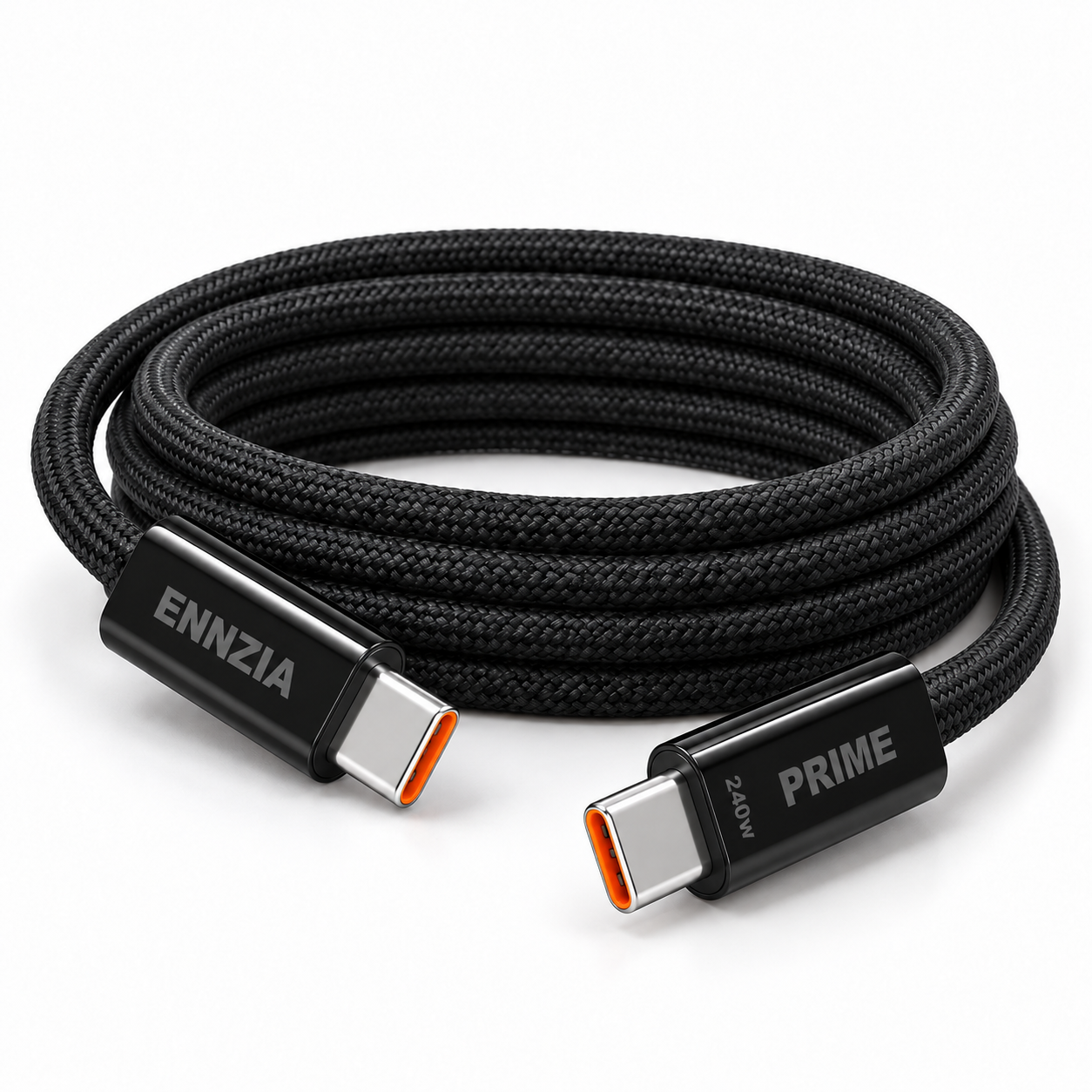 Black ENNZIA PRIME braided USB-C cable with orange connector interiors and direct cable entry into rounded black housings