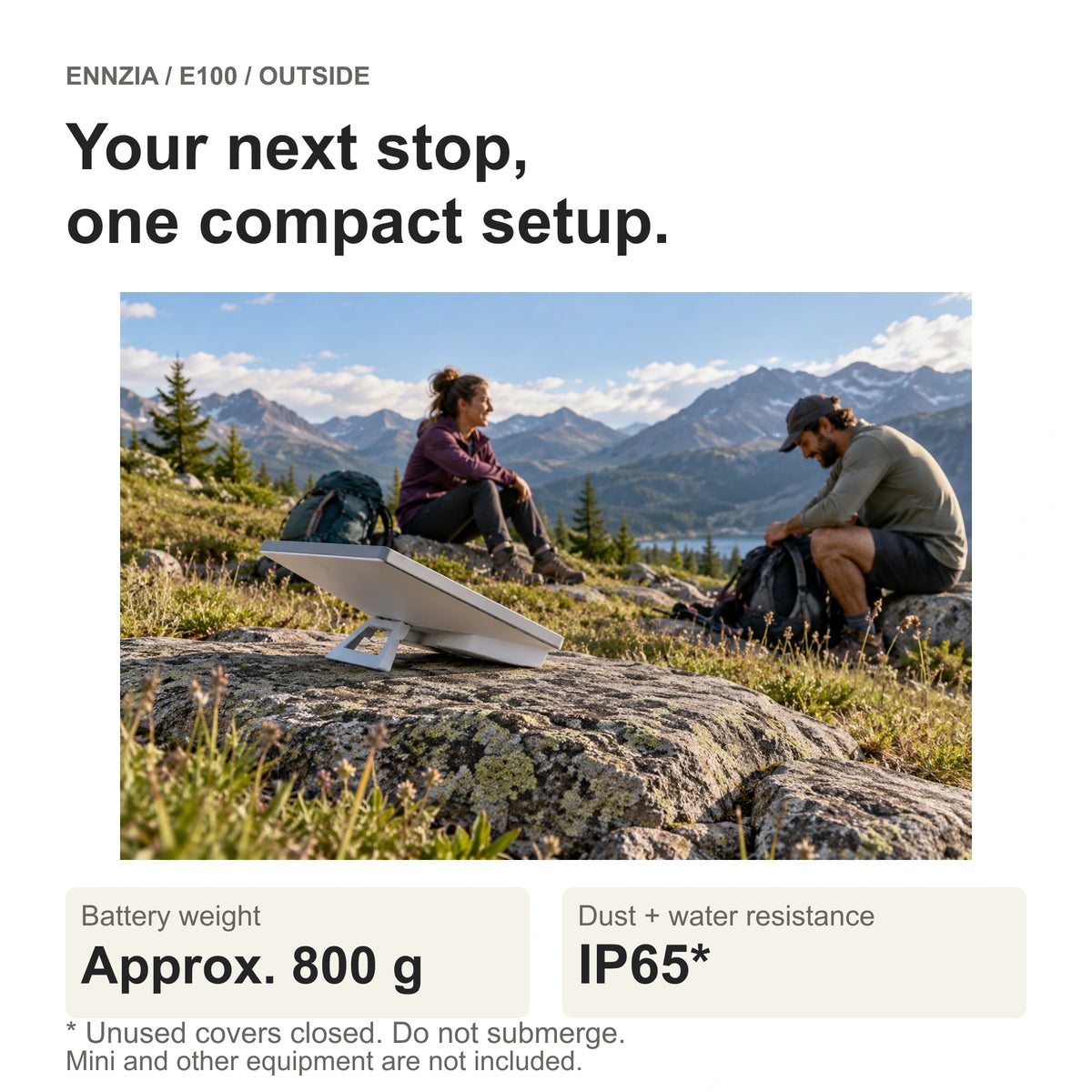 In use — Illustrative mountain rest stop with Mini and its battery beside two hikers