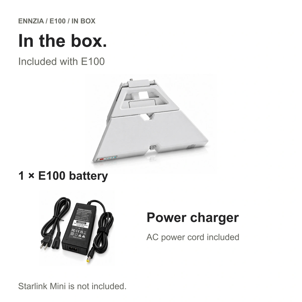 In the box — E100 package hardware: battery, power charger and AC cord