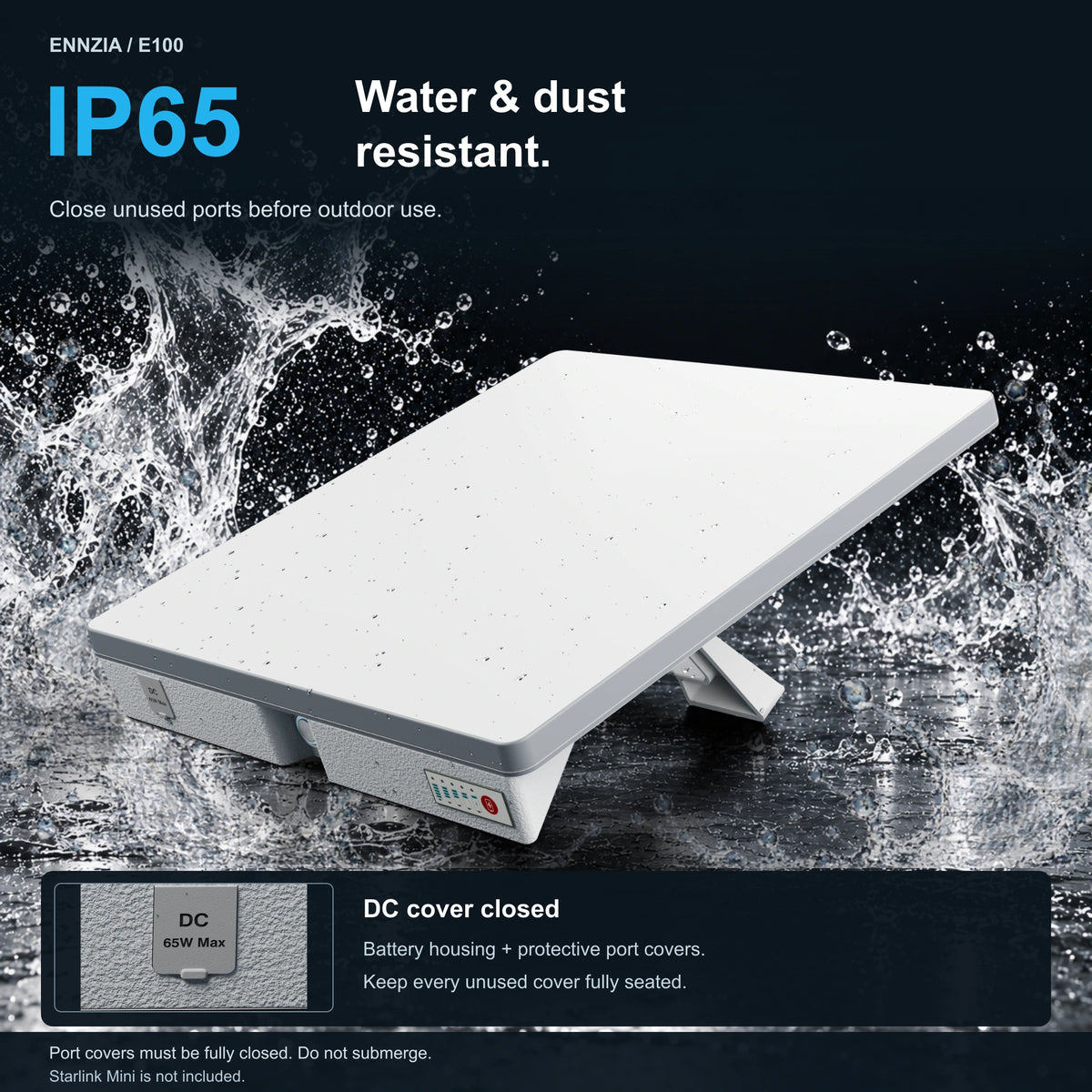 Protection — E100 IP65 protection: assembled battery and Mini rendered from the native 3D models with water splashes, closed input covers and a cover detail inset