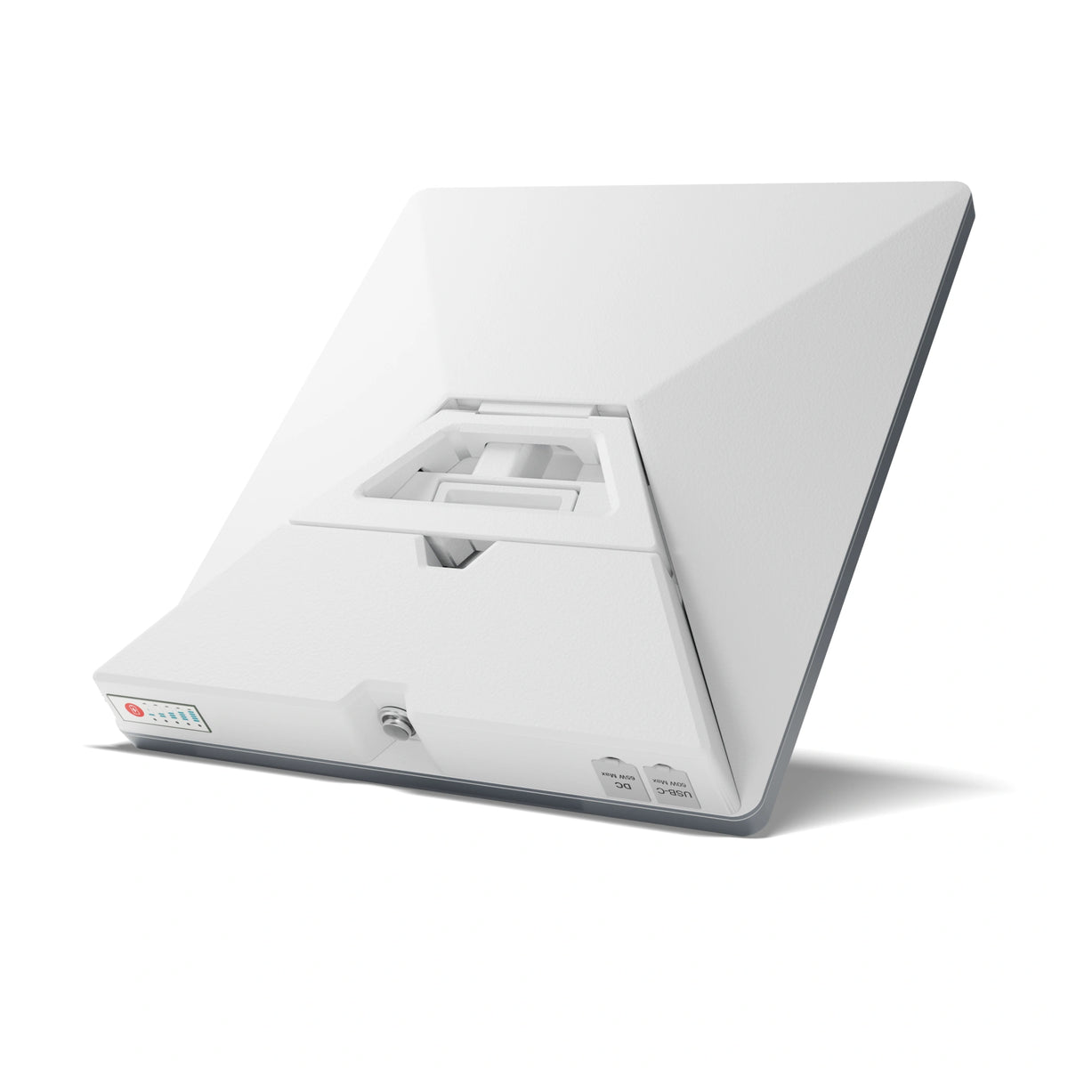 Product — E100 Prime battery fitted behind Starlink Mini, with folding stand deployed and both input covers closed