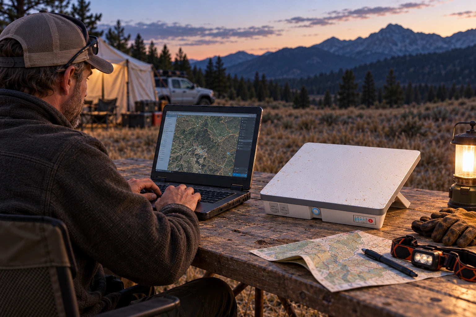 A person typing on a full-size laptop beside Mini and its attached Ennzia battery at a dusk camp