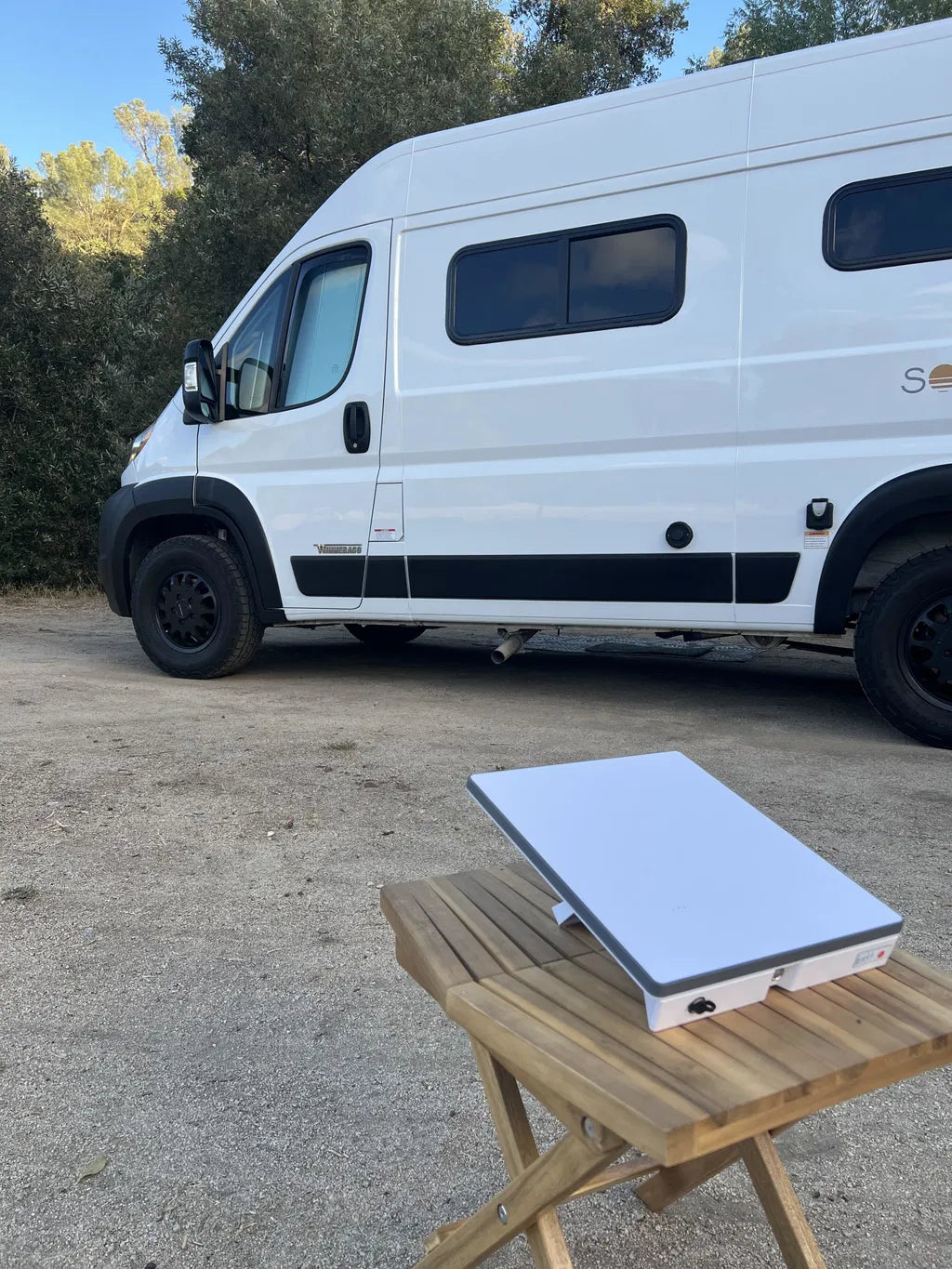 Customer Mini and Ennzia battery setup beside a camper van