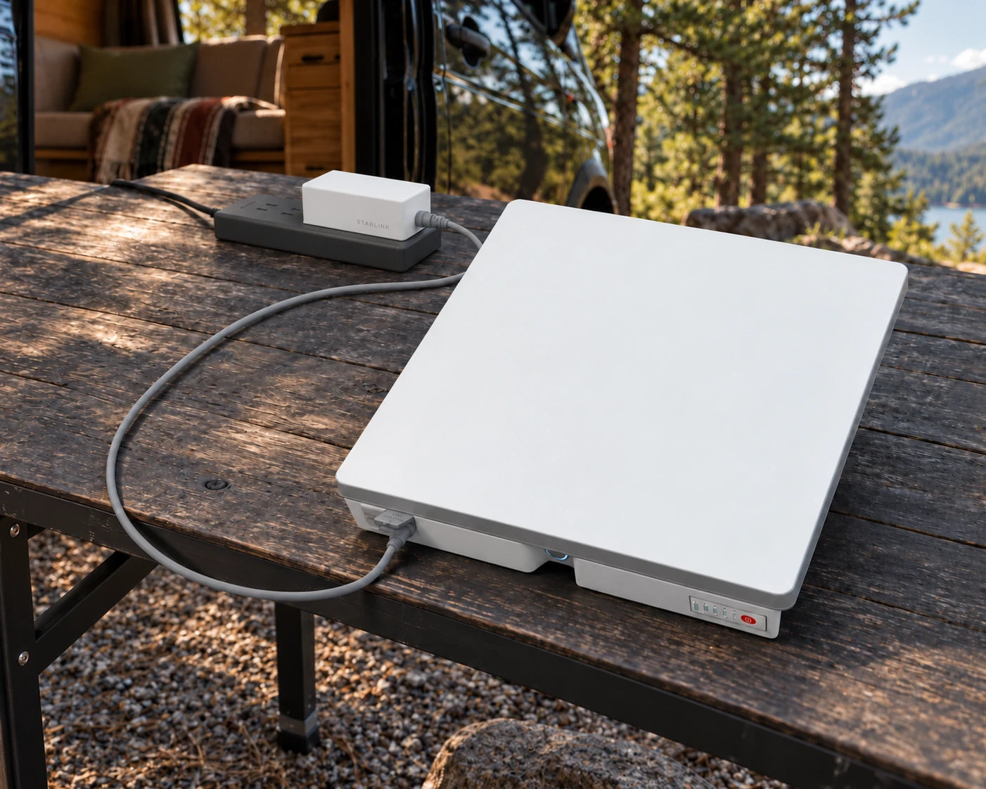 Original Mini power supply and continuous DC cable connected to Prime while assembled to Mini, in an illustrated dry camper workspace
